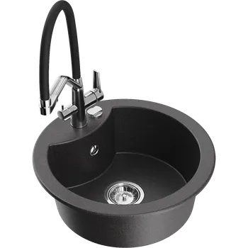 Granitový dřez Mexen Diego granitový dřez s baterií Duo, černý tečkovaný - 6512-76-671701-07 Granitové dřezy s baterií