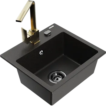 Granitový dřez Mexen Milo žulový dřez s 1 komorou a kuchyňskou baterií Rita, černý/zlatý metalík - 6505-75-670300-50-B Granitové dřezy s baterií