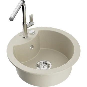 Granitový dřez Mexen Diego granitový dřez 1-komorový s kuchyňskou baterií Flora, béžový - 6512-69-670401-00 Granitové dřezy s baterií