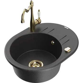 Granitový dřez Mexen Kevin granitový dřez 1-komorový s odkapávačem a kuchyňskou baterií Carla, černý se skvrnami - 6517-76-670700-50 Granitové dřezy s baterií