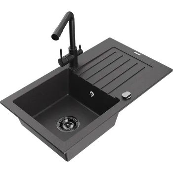 Granitový dřez Mexen Pablo žulový dřez 1-komorový s odkapávačem a kuchyňskou baterií Duero, černý skvrnitý - 6510-76-671600-70-B Granitové dřezy s baterií