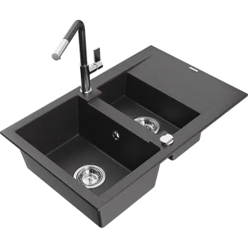 Granitový dřez Mexen Gaspar žulový dřez 1,5-komorový s odkapávačem a kuchyňskou baterií Flora, černý kropenatý - 6507-76-670401-08 Granitové dřezy s baterií
