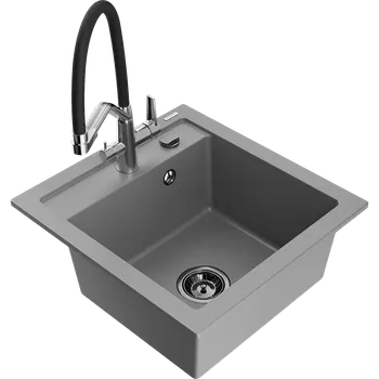 Granitový dřez Mexen Vito granitový dřez s 1 komorou a kuchyňskou baterií Duo, šedý - 6503-71-671701-07-B Granitové dřezy s baterií