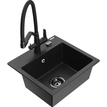 Granitový dřez Mexen Milo granitový dřez 1-komorový s kuchyňskou baterií Duo, černý/stříbrný metalik - 6505-73-671701-70-B Granitové dřezy s baterií