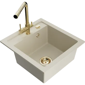 Granitový dřez Mexen Vito granitový dřez 1-komorový s kuchyňskou baterií Duero, béžový - 6503-69-671600-50 Granitové dřezy s baterií