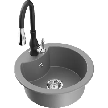 Granitový dřez Mexen Diego granitový dřez jednokomorový s kuchyňskou baterií Savita, šedý - 6512-71-672601-70 Granitové dřezy s baterií