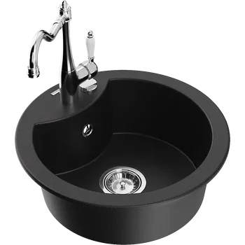 Granitový dřez Mexen Diego granitový dřez 1-komorový s kuchyňskou baterií Carla, černý - 6512-77-670700-00 Granitové dřezy s baterií