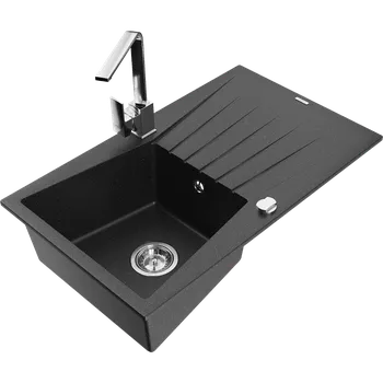 Granitový dřez Mexen Cesar granitový dřez jednodřez s odkapávačem a kuchyňskou baterií Rita, černý/stříbrný metalik - 6514-73-670300-00 Granitové dřezy s baterií