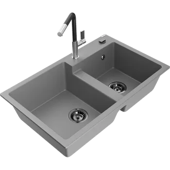 Granitový dřez Mexen Tomas dvojitý granitový dřez s kuchyňskou baterií Flora, šedý - 6516-71-670401-07-B Granitové dřezy s baterií