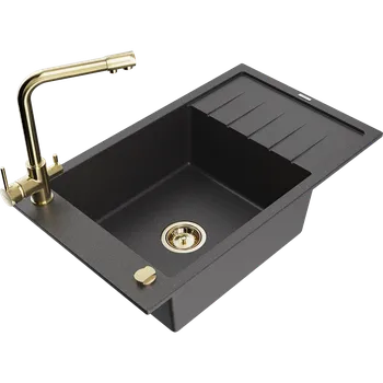 Granitový dřez Mexen Elias granitový dřez s 1 vanou s odkapávačem a kuchyňskou baterií Duero, černý s bílými tečkami - 6511-76-671600-50 Granitové dřezy s baterií