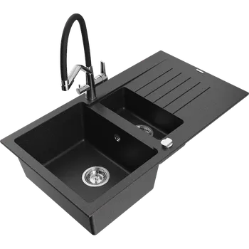 Granitový dřez Mexen Matias dřez granitový 1,5-komorový s odkapávačem a kuchyňskou baterií Duo, černý/stříbrný metalik - 6502-73-671701-07 Granitové dřezy s baterií