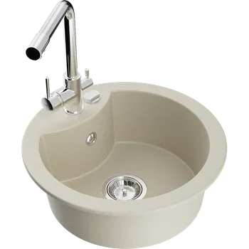 Granitový dřez Mexen Diego granitový dřez 1-komorový s kuchyňskou baterií Duero, béžový - 6512-69-671600-00 Granitové dřezy s baterií