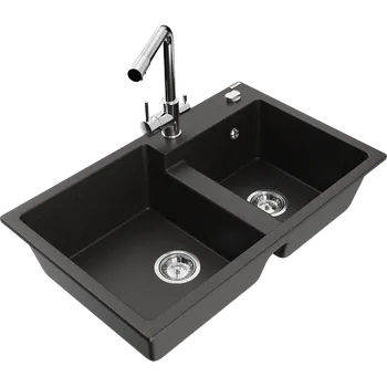 Granitový dřez Mexen Tomas dřez granitový 2-komorový s kuchyňskou baterií Duero, černý/zlatý metalik - 6516-75-671600-00 Granitové dřezy s baterií