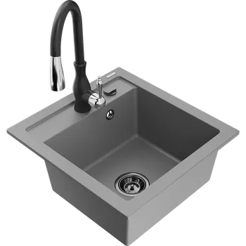 Granitový dřez Mexen Vito granitový dřez 1-komorový s kuchyňskou baterií Savita, šedý - 6503-71-672601-70-B Granitové dřezy s baterií