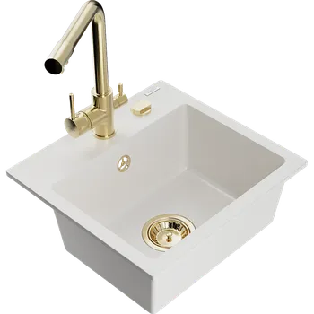 Granitový dřez Mexen Milo granitový dřez 1-komorový s kuchyňskou baterií Duero, bílý - 6505-20-671600-50 Granitové dřezy s baterií