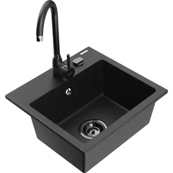 Granitový dřez Mexen Milo granitový dřez 1-komorový s kuchyňskou baterií Telma, černý/stříbrný - 6505-73-670200-70-B Granitové dřezy s baterií