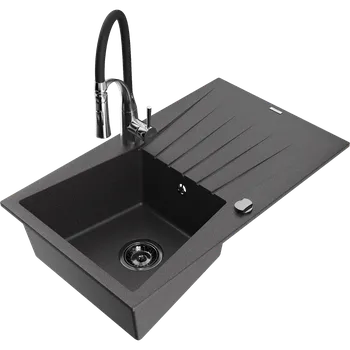 Granitový dřez Mexen Cesar granitový dřez 1-komorový s odkapávačem a kuchyňskou baterií Aster, černý kropenatý - 6514-76-73450-07-B Granitové dřezy s baterií