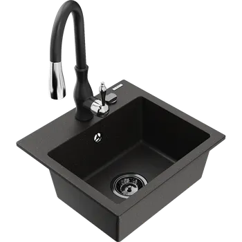 Granitový dřez Mexen Milo granitový dřez 1-komorový s kuchyňskou baterií Savita, černý/zlatý metalický- 6505-75-672601-70-B Granitové dřezy s baterií