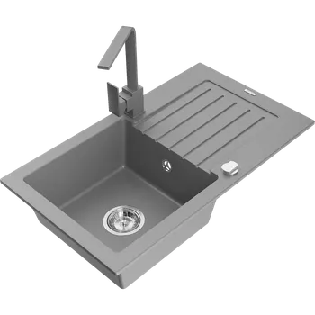 Granitový dřez Mexen Pablo jednodřezový granitový dřez s odkapávačem a kuchyňskou baterií Rita, šedý - 6510-71-670300-71 Granitové dřezy s baterií