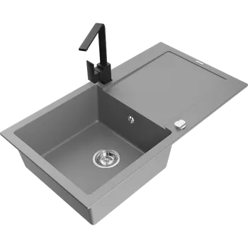 Granitový dřez Mexen Leo granitový dřez jednokomorový s odkapávačem a kuchyňskou baterií Rita, šedý - 6501-71-670300-70 Granitové dřezy s baterií