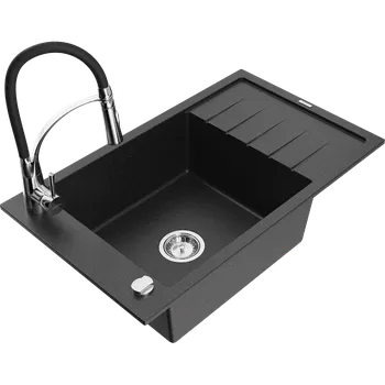Granitový dřez Mexen Elias granitový dřez 1-komorový s odkapávačem a kuchyňskou baterií Aster, černý/stříbrný metalik - 6511-73-73450-07 Granitové dřezy s baterií