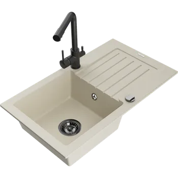 Granitový dřez Mexen Pablo granitový dřez s 1 komorou s odkapávačem a kuchyňskou baterií Duero, béžový - 6510-69-671600-70 Granitové dřezy s baterií