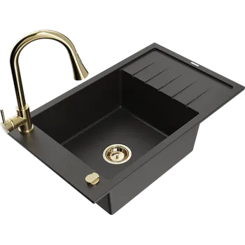 Granitový dřez Mexen Elias granitový dřez 1-komorový s odkapávačem a kuchyňskou baterií Elia, černý/zlatý metalík - 6511-75-670101-50 Granitové dřezy s baterií