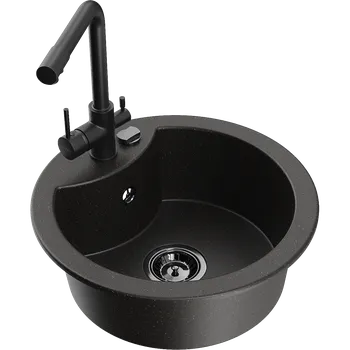 Granitový dřez Mexen Diego granitový dřez 1-komorový s kuchyňskou baterií Duero, černý/zlatý metalický - 6512-75-671600-70-B Granitové dřezy s baterií