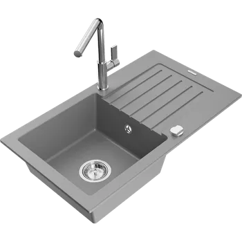 Granitový dřez Mexen Pablo granitový dřez 1-komorový s odkapávačem a kuchyňskou baterií Flora, šedý - 6510-71-670401-00 Granitové dřezy s baterií