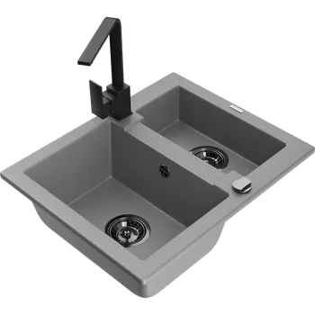 Granitový dřez Mexen Carlos granitový dřez 1,5-komorový s kuchyňskou baterií Rita, šedý - 6518-71-670300-70-B Granitové dřezy s baterií