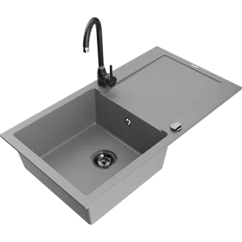 Granitový dřez Mexen Leo granitový dřez 1-komorový s odkapávačem a kuchyňskou baterií Telma, šedý - 6501-71-670200-70-B Granitové dřezy s baterií