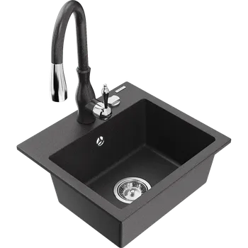Granitový dřez Mexen Milo granitový dřez 1-komorový s kuchyňskou baterií Savita, černý kropenatý - 6505-76-672601-76 Granitové dřezy s baterií