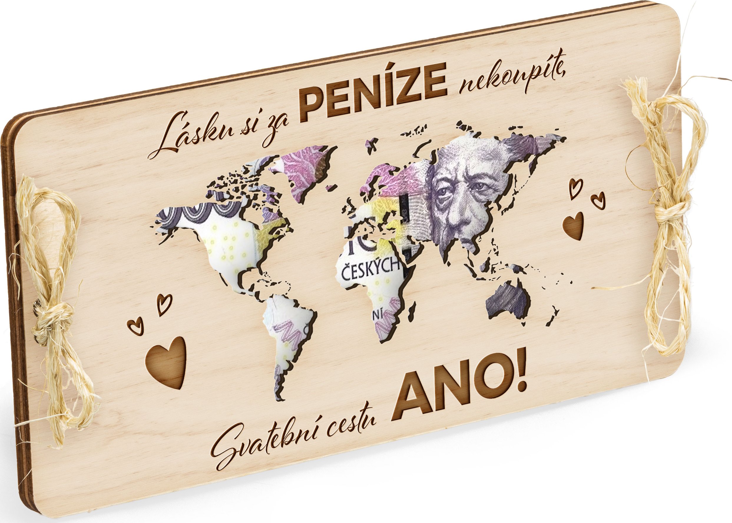 Dřevěná obálka na peníze Mapa 20x10cm - Dar na svatební cestu