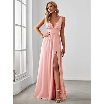 Dámské šaty Maxi šaty s hlubokým výstřihem a rozparkem Barva: Růžová, Velikost: L