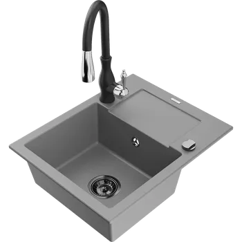 Granitový dřez Mexen Enzo granitový dřez s 1 komorou s odkapávačem a kuchyňskou baterií Savita, šedý - 6506-71-672601-70-B Granitové dřezy s baterií