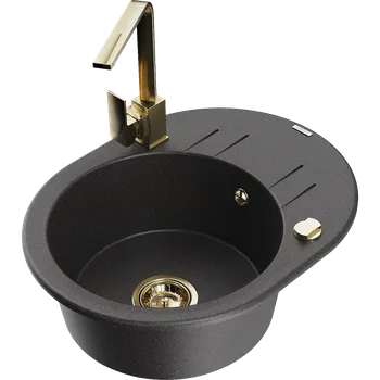 Granitový dřez Mexen Kevin granitový dřez 1-komorový s odkapávačem a kuchyňskou baterií Rita, černý kropenatý - 6517-76-670300-50 Granitové dřezy s baterií