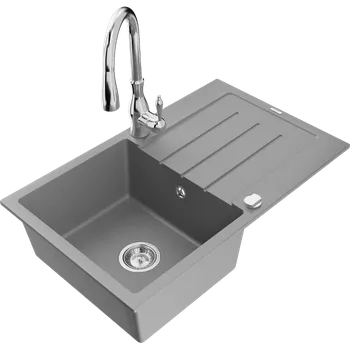 Granitový dřez Mexen Bruno granitový dřez 1-komorový s odkapávačem a kuchyňskou baterií Savita, šedý - 6513-71-672601-00 Granitové dřezy s baterií