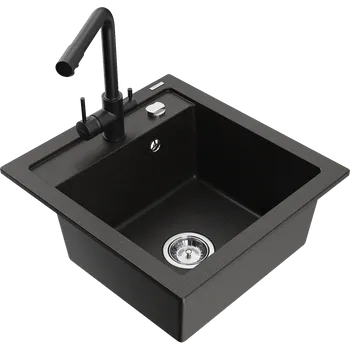 Granitový dřez Mexen Vito granitový dřez 1-komorový s kuchyňskou baterií Duero, černý/zlatý metalický - 6503-75-671600-70 Granitové dřezy s baterií
