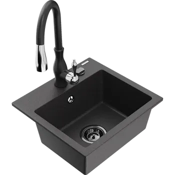 Granitový dřez Mexen Milo granitový dřez s 1 komorou a kuchyňskou baterií Savita, černý skvrnitý - 6505-76-672601-70-B Granitové dřezy s baterií