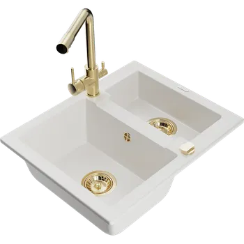 Granitový dřez Mexen Carlos žulový dřez 1,5-komorový s kuchyňskou baterií Duero, bílý - 6518-20-671600-50 Granitové dřezy s baterií