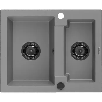 Granitový dřez Mexen Carlos žulový dřez 1,5-komorový 582 x 475 mm, šedý, černý sifon - 6518581500-71-B Granitové dřezy