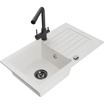 Granitový dřez Mexen Pablo granitový kuchyňský dřez jednokomorový s odkapávačem a kuchyňskou baterií Duero, bílý - 6510-20-671600-70 Granitové dřezy s baterií