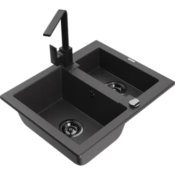 Granitový dřez Mexen Carlos granitový dřez 1,5-komorový s kuchyňskou baterií Rita, černý skvrnitý - 6518-76-670300-70-B Granitové dřezy s baterií