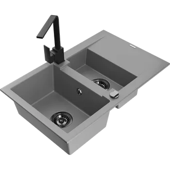 Granitový dřez Mexen Gaspar granitový dřez 1,5-komorový s odkapávačem a kuchyňskou baterií Rita, šedý - 6507-71-670300-70-B Granitové dřezy s baterií