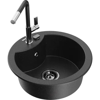 Granitový dřez Mexen Diego granitový dřez s 1 komorou s kuchyňskou baterií Flora, černý/stříbrný metalický - 6512-73-670401-07-B Granitové dřezy s baterií