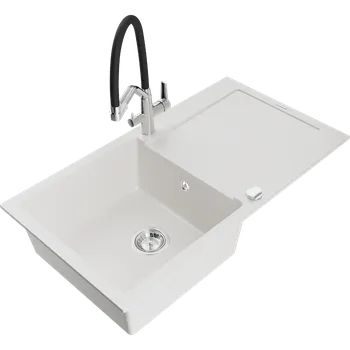 Granitový dřez Mexen Leo granitový kuchyňský dřez s jednou komorou, odkapávačem a kuchyňskou baterií Duo, bílý - 6501-20-671701-07 Granitové dřezy s baterií