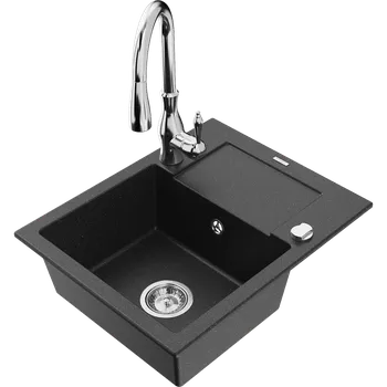 Granitový dřez Mexen Enzo granitový dřez 1-komorový s odkapávačem a kuchyňskou baterií Savita, černý/stříbrný metalik - 6506-73-672601-00 Granitové dřezy s baterií