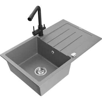 Granitový dřez Mexen Bruno granitový dřez 1-komorový s odkapávačem a kuchyňskou baterií Duero, šedý - 6513-71-671600-70 Granitové dřezy s baterií