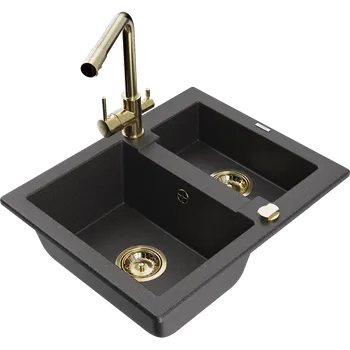 Granitový dřez Mexen Carlos granitový dřez 1,5-komorový s kuchyňskou baterií Duero, černý tečkovaný - 6518-76-671600-50 Granitové dřezy s baterií
