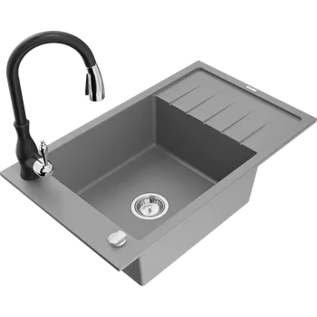 Granitový dřez Mexen Elias granitový dřez 1-komorový s odkapem a kuchyňskou baterií Savita, šedý - 6511-71-672601-70 Granitové dřezy s baterií